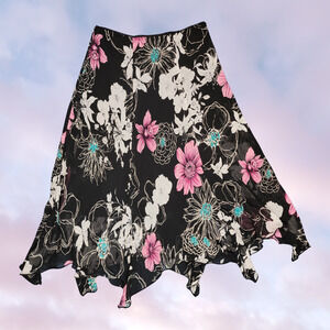 Vtg Y2k Black Blue Pink Floral Mod Retro Long Maxi Funky Colorful Whimsy Skirt S